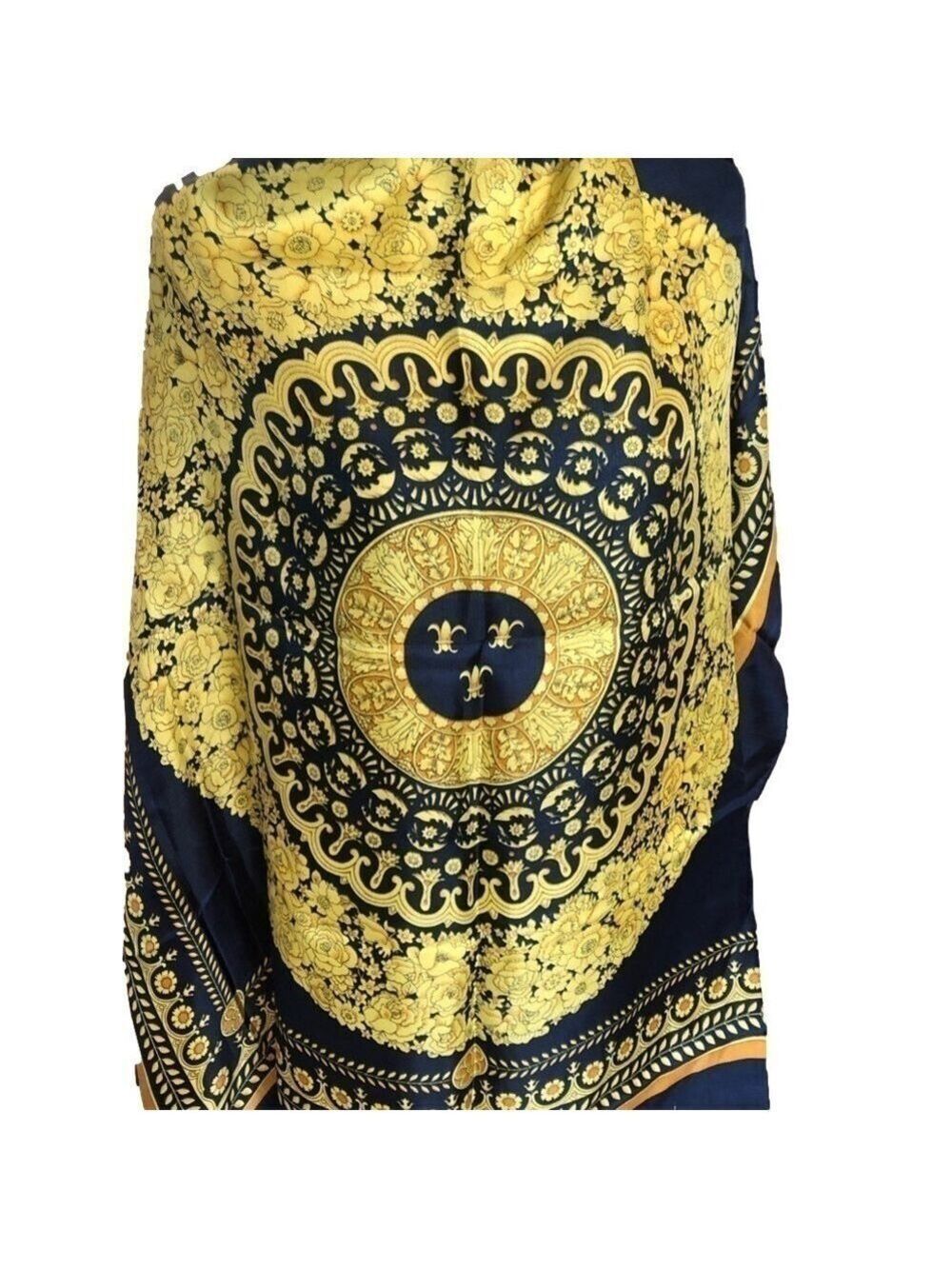 SCARF 36” square navy blue with center medallion in shades of gold.